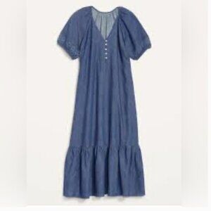 OLD NAVY Women’s Denim Chambray Puff-Sleeve All-Day Maxi Swing Dress size S Tall